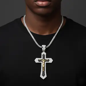 JESUS CROSS CRUCIFIX LARGE CZ SILVER PLATED RELIFIOUS PENDANT & 4mm 20" ~ 36" FRANCO CHAIN NECKLACE