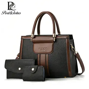 Port&Lotus Luxurious Contrast Trim Handbag Set for Women, Elegant Top-Handle Satchel with Matching Purse & Card  Case