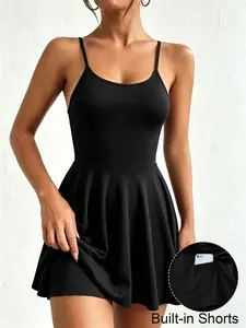 Women Summer Daily Sports Tennis U-neck Cami Skort Dress With Pockets Home Outdoor Urban Slim Trendy Casual Elegant Youthful Simple Versatile Textured Temperament Literary Sleeveless Sporty Dress