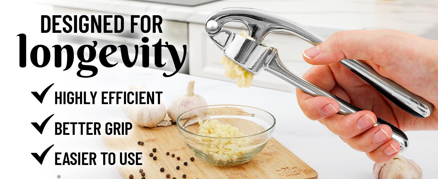 Premium Garlic Press Set - Rust Proof Professional Garlic Mincer Tool - Easy-Squeeze, Easy-Clean with Soft, Ergonomic Handle - Silicone Garlic Peeler & Brush (Silver)