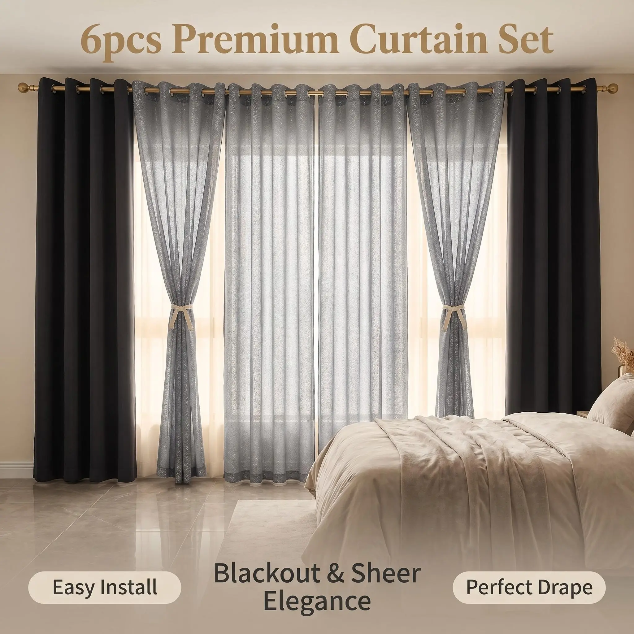 6 PANELS 54"X84" grommet Curtains Combo, 2 Panels Solid   Blackout Curtain & 4 Panels Foil Silver Metallic Doli Sheer Curtain Thermal Insulated Noise Reducing Window Drapes, Room Darkening Curtain Panels for Bedroom Living Room  QF222 L28