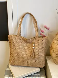 Women's Plain Hole Decor Zipper Closure Bag, Woven Straw Tote, Large Capacity Portable Beach Holiday Bag, Summer Travel Essential