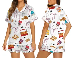Fast Food Pajama Set for Women, Fried Chicken Fries Print Sleepwear