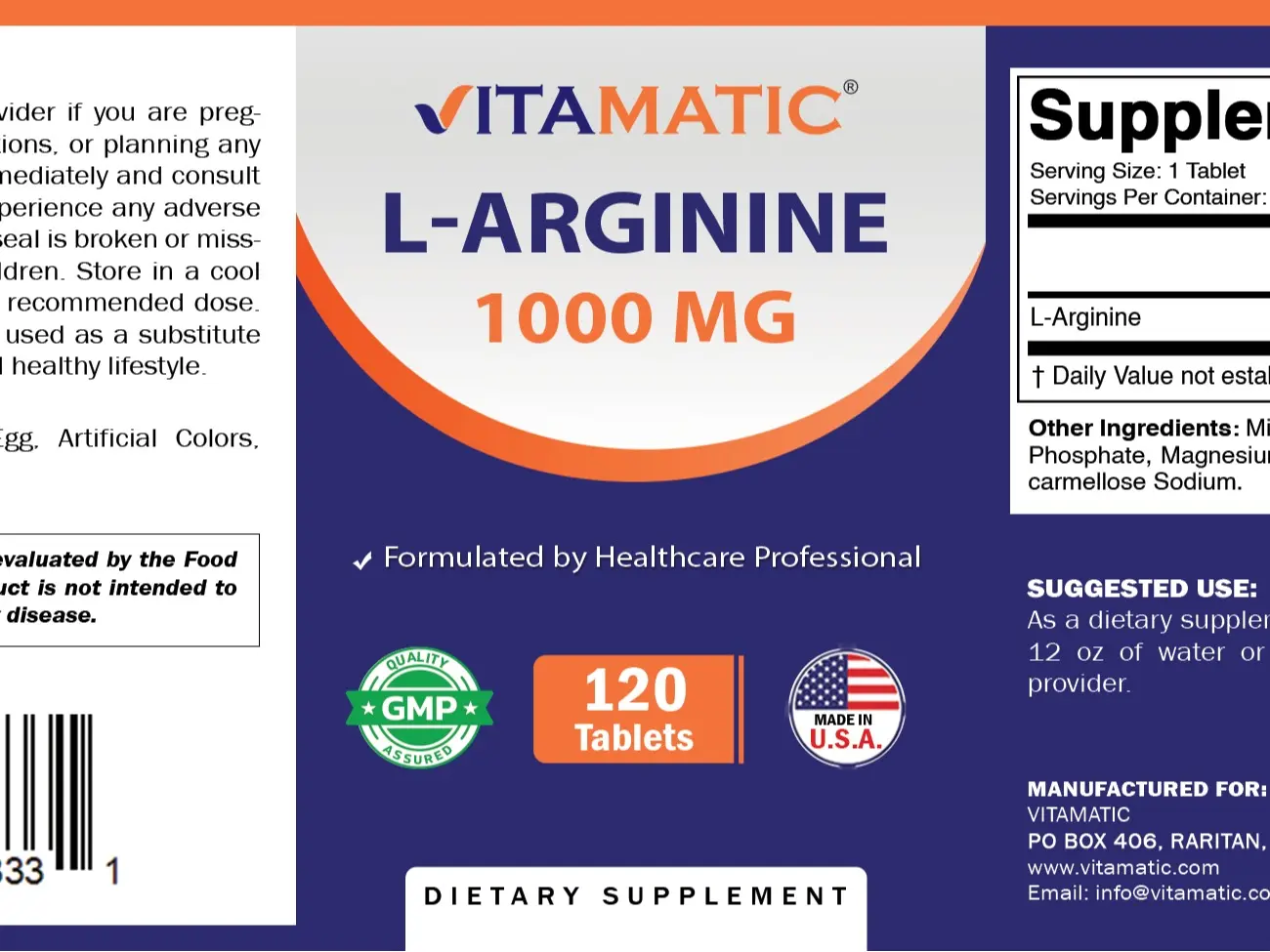 Vitamatic L-Arginine 1000 mg Clean & Simple Tablets - 120 Count Amino Acid Supplement, 36 Months Shelf Life, Non-GMO, Gluten Free, Dairy Free - Supports Nitric Oxide Production - Made in USA (Bottle Packaging)