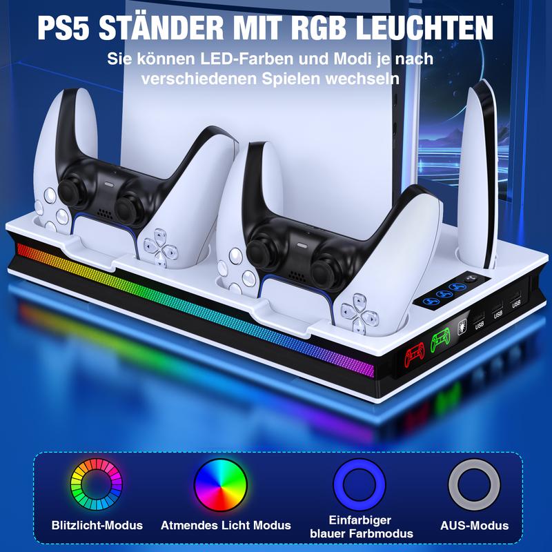 PS5/Pro/Slim Stand and Cooling Station with Controller Charging Station for Playsation 5 Disc Digital Console, PS5 Accessories Incl. 3 Level Cooling Fan, LED, 3 USB Hub, Media Slot, Headset Holder