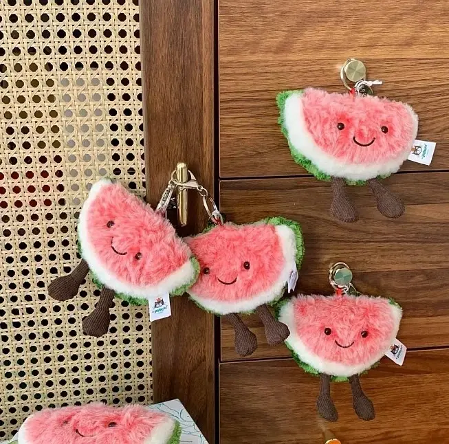 Jellycat Amuseables Watermelon Plush Keychain/Bag Charm – Car key accessory easily recognizable by its red hue.