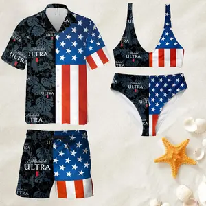 Matching Couple Swimwear, Michelob ULTRA American Flag Hawaiian Tropical Leaves Bikini Top Bottom & Button Shirt Swim Trunks Set, Perfect Gift for Boyfriend Girlfriend Summer Vacation