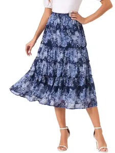 INSPIRE CHIC Floral Chiffon A-line Long Tiered Ruffle Boho Midi Skirt Deep Blue