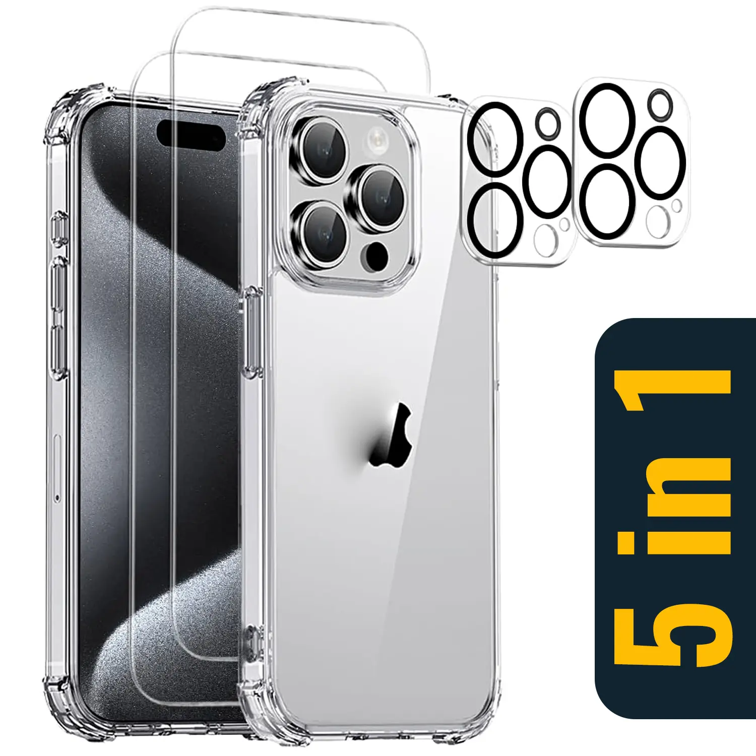5-in-1 Phone Case Set for iPhone 17 16 15 14 13 12 11 Pro Max Plus, Shockproof Clear Case + 2 HD Screen Protectors + 2 Camera Lens Protectors
