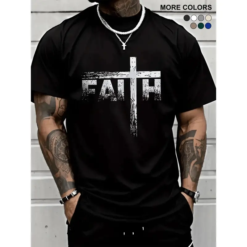 Men's 100% Cotton Fabric Crewneck Short-Sleeve T-Shirt - Basic Lightweight Tee, Christian Cross Print Tee, Faith Slogan, Casual Classic Streetwear for Church Services