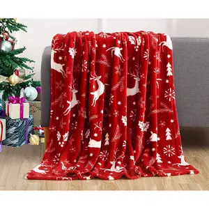 Cozy Luxury Velvet Fleece Blanket with Christmas Reindeer Prints - Perfect Winter Décor Gift, 50x60 Inch, Burgundy