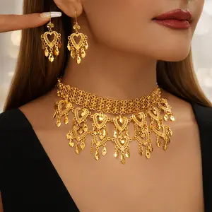 Vintage Heart Filigree Choker Necklace Earring Set Gold Tassel Jewelry for Party Dance Daily Wear Statement Jewelry Accessories for Women Valentines&birthday Boujee Gifts for gf