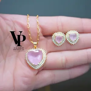 Valmaur Products  Pink Heart Halo Set  - Luxury Jewelry for Women Gold Plated