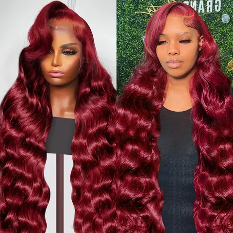 Female 180 Density 99J Burgundy 13x4 HD Body Wave 13x6 Transparent Lace Front Human Hair Wig, Red Colored, Pre-Plucked Hairline, Heat Resistant Transparent Lace Wig
