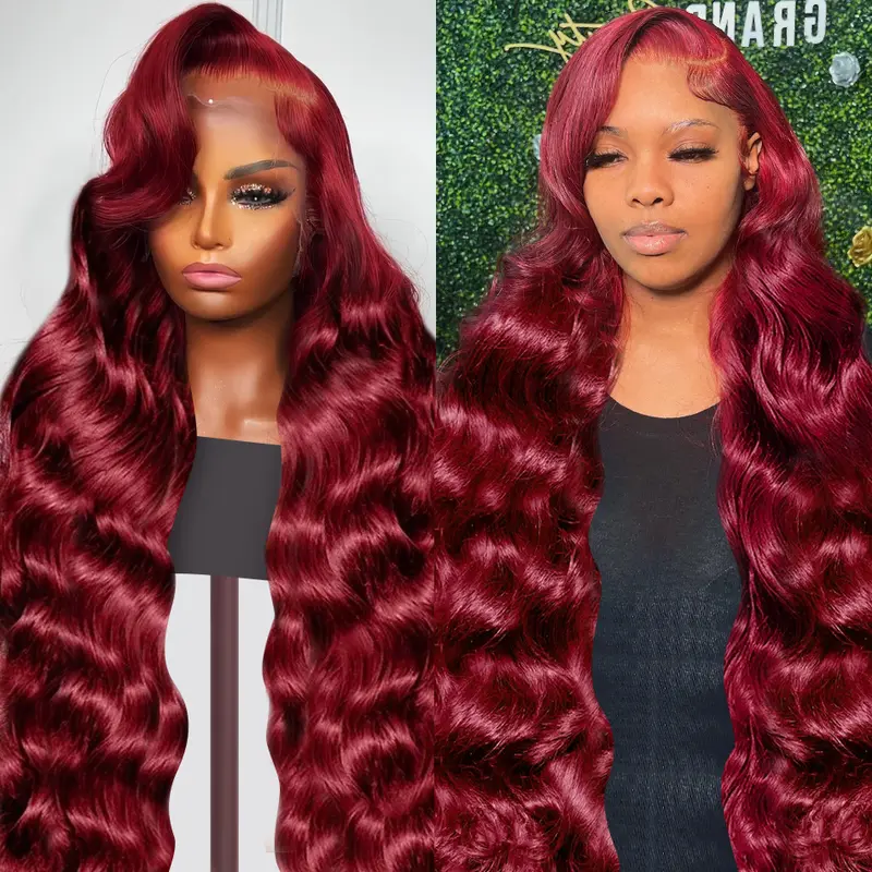 Female 180 Density 99J Burgundy 13x4 HD Body Wave 13x6 Transparent Lace Front Human Hair Wig, Red Colored, Pre-Plucked Hairline, Heat Resistant Transparent Lace Wig