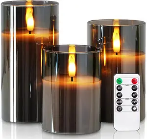 Grey Glass Flameless Candles, Battery Operated LED Pillar Candles with Remote Control and Timer, Radiance Candles, Real Wax, Set of 3,D3 xH4 5" 6"#SummerVibes