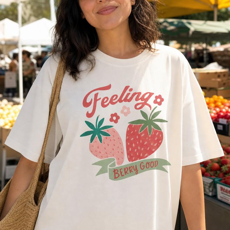 Women's 100% Cotton Loose Round Neck Short-Sleeve T-Shirt - Retro Strawberry Graphic Cottagecore Top, Drop Shoulder, "Feeling Berry Good" Vibe Design, Tshirt