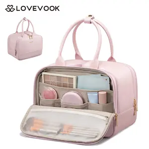 LOVEVOOK Travel Toiletry Bag for women, Leather Large Wide-open Makeup Bag, Waterproof Cosmetic Bag Organizer for Shower, Traveling, Toiletries, Bathroom