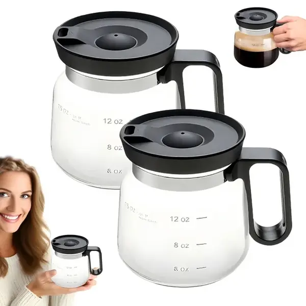 2pcs Thick Transparent Tumblers - 4" Tall, 16oz Coffee Pot-Shaped Glass Cups with Spill-Proof Sip Lid, Compact Carafe Design, Hand Wash Safe Hot/Cold Drinkware, Novelty Cleaning-Friendly Gift for Java Lovers