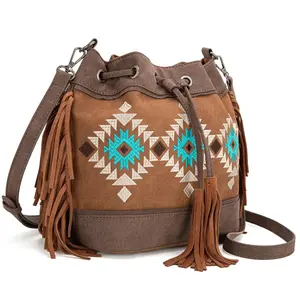 Montana West Aztec Bucket Bags for Women Western Fringe Crossbody Bag Drawstring Bucket Bag