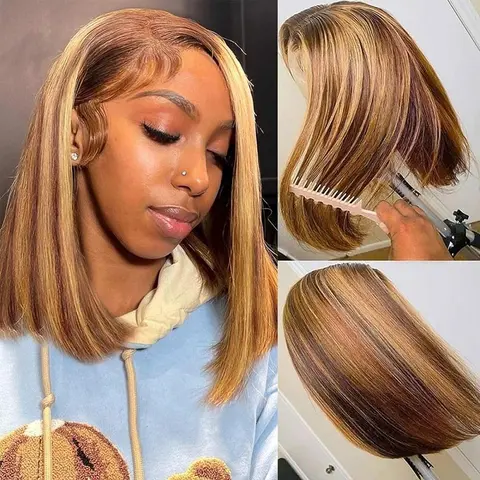 UNIKY 100% Human Hair Short Ginger Highlight Straight Bob Wig - 6x4 & 7x5 Glueless Adjustable Transparent Lace Closure, Natural Hairline, Side Part, Dye/Straighten/Curl Compatible, for Birthday, Date, Everyday Wear