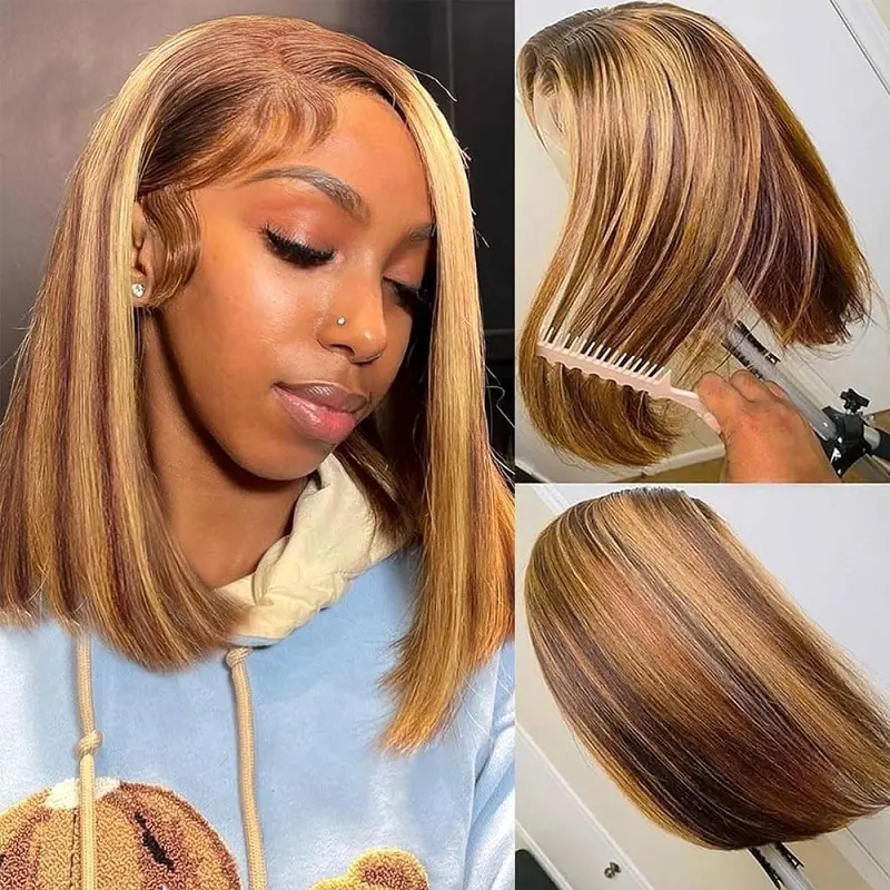 Highlight Hair Wigs Glueless 6x4 Straight Bob 100% Human Hair Wigs 7x5 Glueless Adjustable Transparent Lace Closure Short Ginger Highlight Wig with Natural Hairline