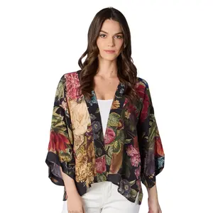 Primula Print Black Short Kimono