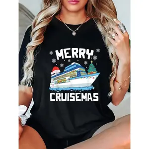 180g Printed Round Neck Short Sleeve T-Shirt Merry Cruisemas 2024 2025 Christmas Cruise Family Xmas T-Shirt Top Womenswear Casual Streetwear shirts women vintage graphic tees