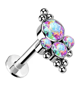 16G Beaded Array Rainbow Aurora CZ Titanium Threadless Labret