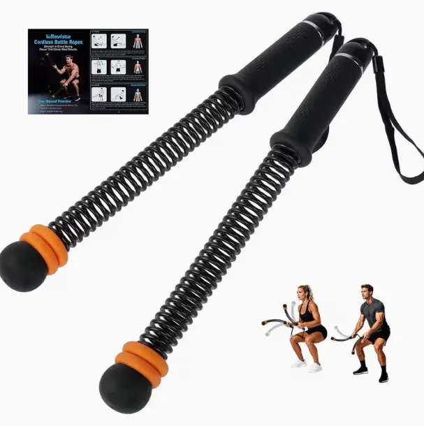 2pce Ropeless Battle Ropes with Adjustable Resistance Rings, Portable Spring Workout Training Sticks, No Space Required Full Body Cardio Fitness Equipment for Home Office Hotel Travel Gym Training