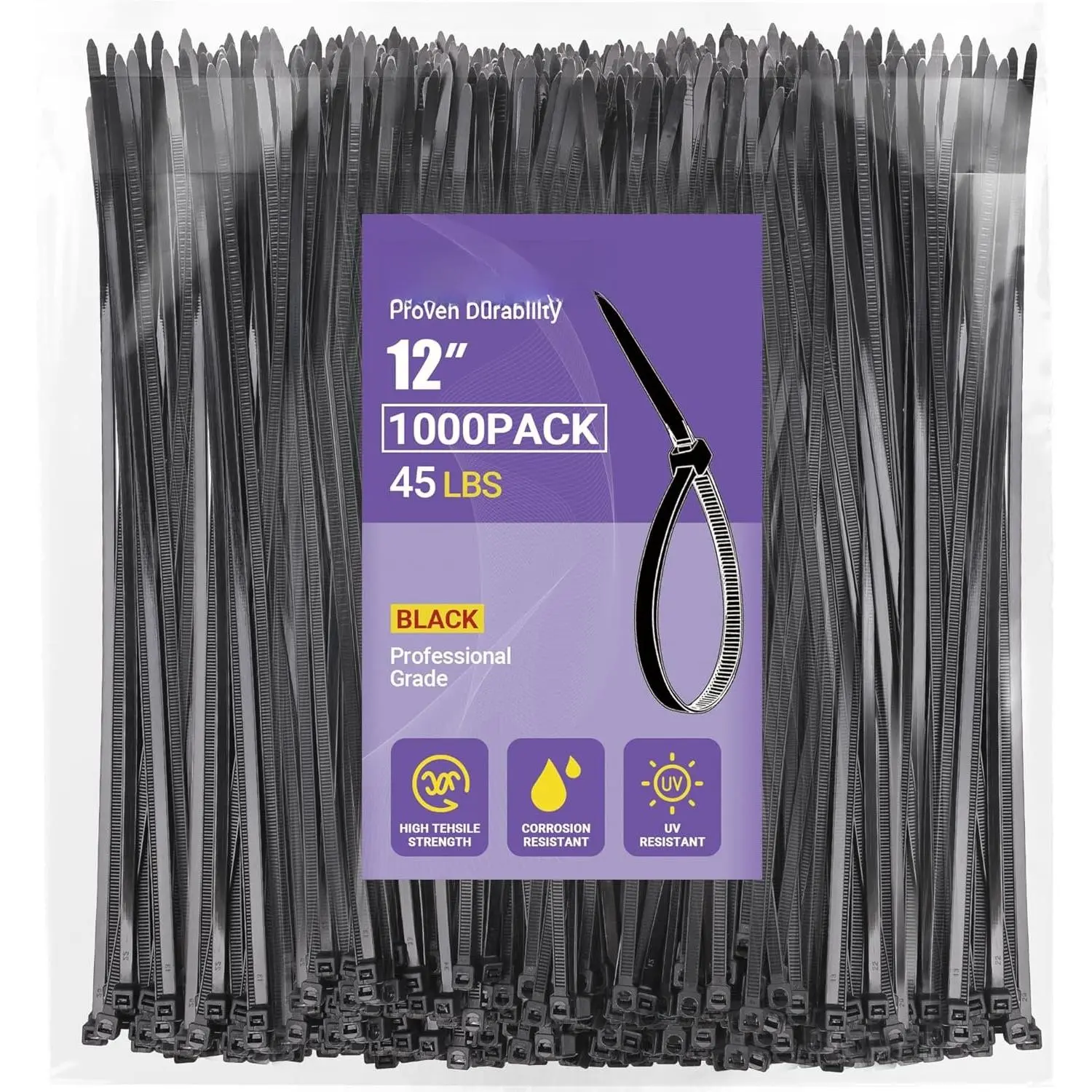 12 Inch Zip Ties (1000 Pack) - 45 lb Tensile Strength, Black Self-Locking Nylon  Ties for Indoor & Outdoor Use