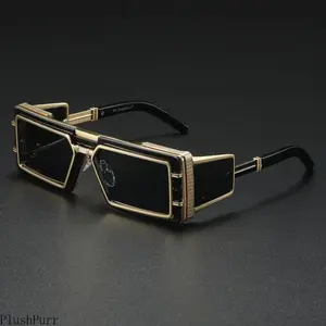 Futuristic Glam Geometric Square Sunglasses Black Gold Metal Frame with Cut Out Accents Square Mirrored Shades UV400 Protection Ornate Luxe Detailing