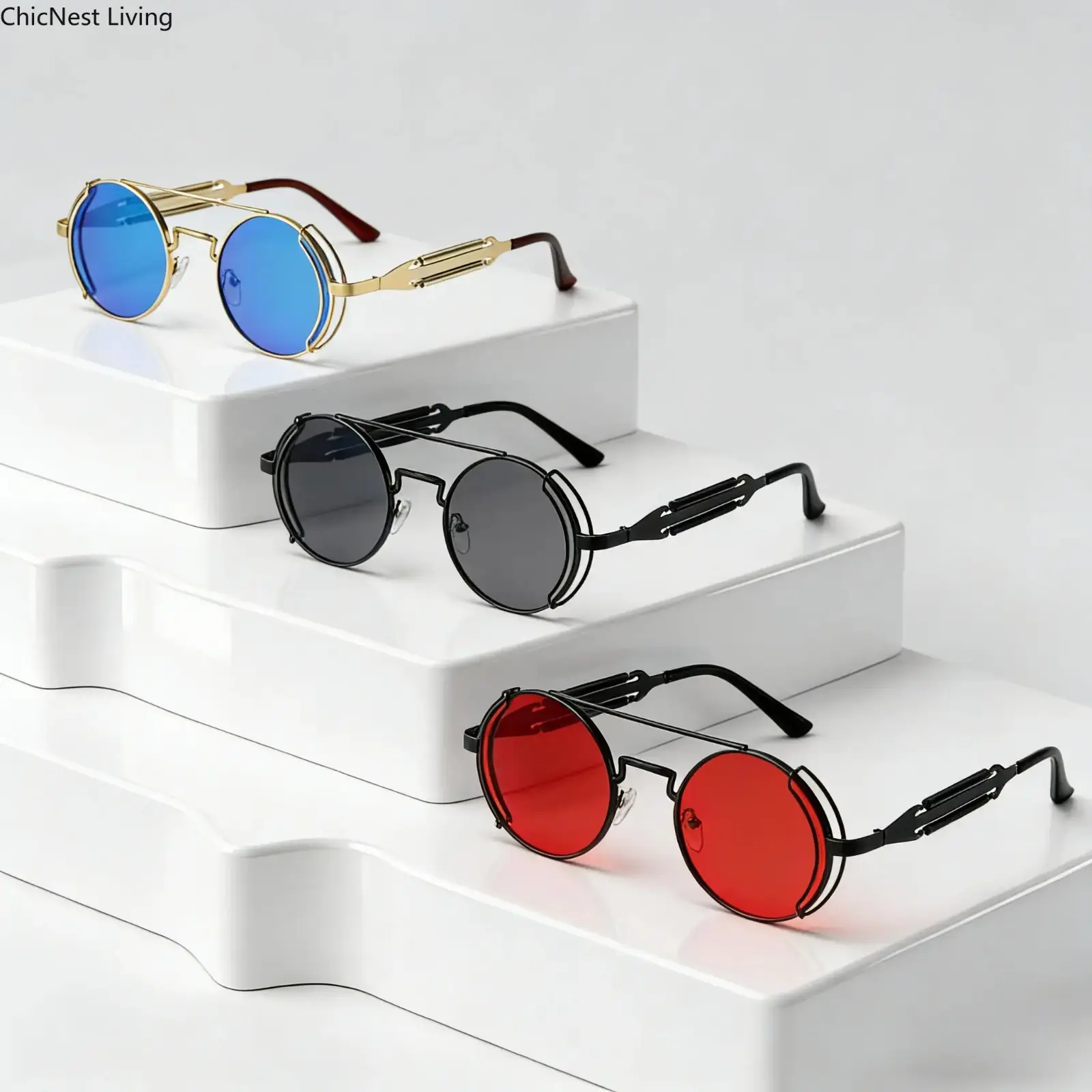 Unisex 3-Pairs Vintage Steampunk Spring-Loaded Metal Round Frame Sunglasses - Gothic Double Bridge Non-Prescription Eyewear, Men's Accessories, Ideal for Cosplay, Daily Wear