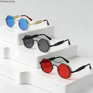 3 Pairs Vintage Steampunk Spring-Loaded Metal Round Sunglasses, Fashion Personality Gothic Double Bridge Party Glasses, Ideal for Cosplay and Daily Wear