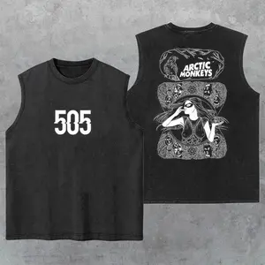 505 Arcticc Monkeys Inspired Retro Washed Tank Top, Gym Essential, Vintage Casual Crewneck Short Sleeves Menswear T-shirt Classic Cotton Fabric Streetwear