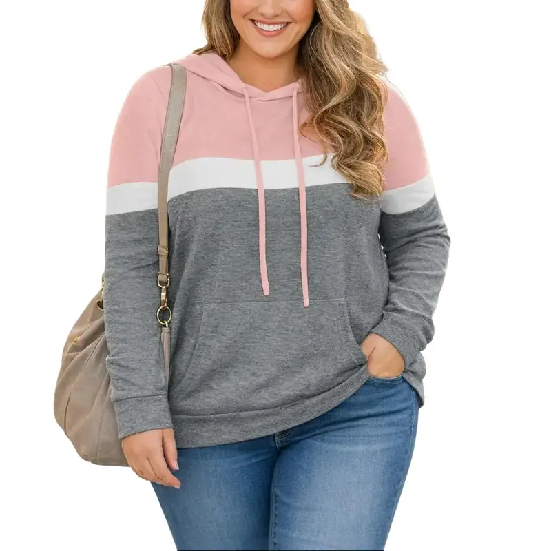 Women's Plus Size Colorblock Pullover Hoodie - Casual Long Sleeve Stretchy Soft Athleisure Extra Baggy Sweatshirt with Kangaroo Pocket, Drawstring, for Easter, Valentines Day Wear to Match Jeans (Plus Size Clothes, Long Sleeve Tops)