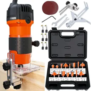 Compact Router, 6.5-Amp 1.25 Compact Palm Router, Trimmer with 15 count 1/4" Router Bits Set, 30000R/MIN Compact Router, 6.5-Amp 1.25 Compact Palm Router, Trimmer with 15 count 1/4" Router Bits Set, 30000R/MIN