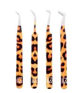 M LASH Tweezers for Eyelash Extensions (Set of 4) - Professional Lash Extension Tweezers - Fiber Tip, Japanese Steel, Diamond Grip Eyelash Extension Tweezer (Leopard Prints)