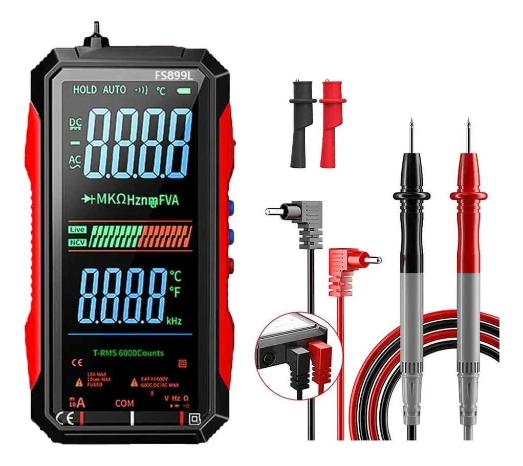 TKDMR 2026 Upgraded FS899L Digital Multimeter, 6000 Counts True RMS Auto-Ranging Multimeter, AC/DC Voltage Current Tester, NCV Capacitance Temperature Meter, USB-C Rechargeable Color Screen with 2 Alligator Clips & Test Leads