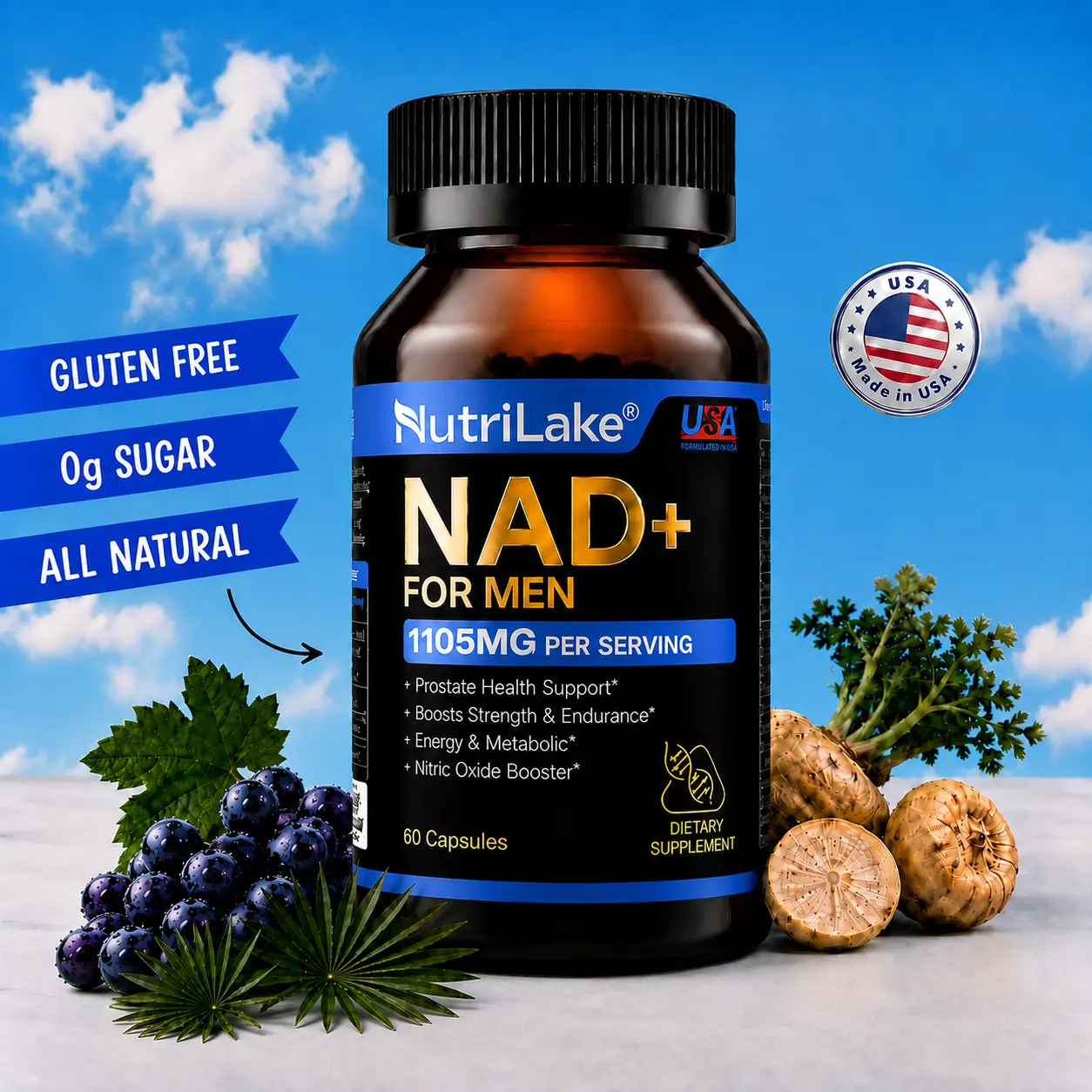 NutriLake NAD+ Supplements for Men-Liposomal,Energy Support,Wrinkle Defense,Complex with Trans-Resveratrol,CoQ10,Ashwagandha,Niacin,Vitamin B6,Supports Cellular Renewal, Energy & Performance - 60 Capsules Dietary Supplement Vitamins