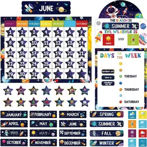 169 Pcs Classroom Calendar Bulletin Board Set, Calendar Seasons Weather Chart Bulletin Board and Classroom Display with Stickers for Bedroom Wall Decoration(Space Themed)