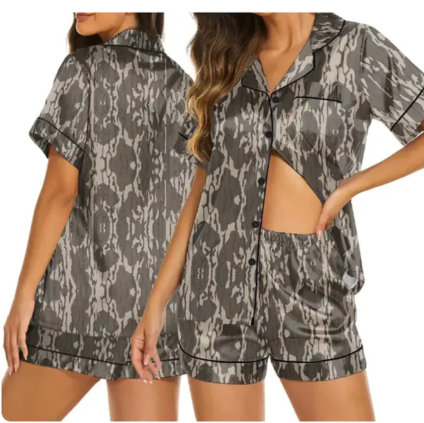 Women's 2-Piece Satin Camouflage Pajama Set - Short-Sleeve Casual Summer Sleepwear, Soft Cozy Loungewear for Women