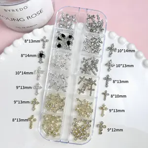 12-Piece Cross Pearl Rhinestone Nail Art Decorations, Luxury Vintage Alloy Nail Accessories, DIY Nail Decoration Kit