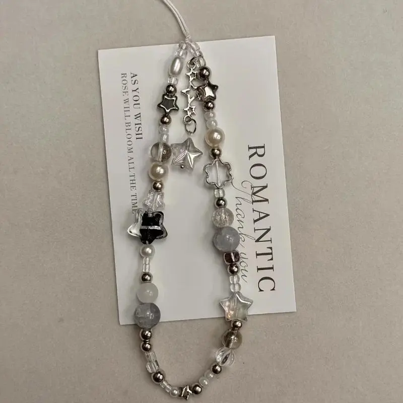 Fashion Silver Star Charm Pearl Beaded Pendant Smartphone Strap - Metal Chain Link Universal Mobile Phone Lanyard Accessory for iPhone, Samsung, Ideal Gift