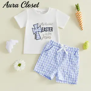 Kids Boys Shorts Set, Short Sleeve Letters Cross Print T-shirt with Plaid Shorts Easter Clothes Summer Outfit