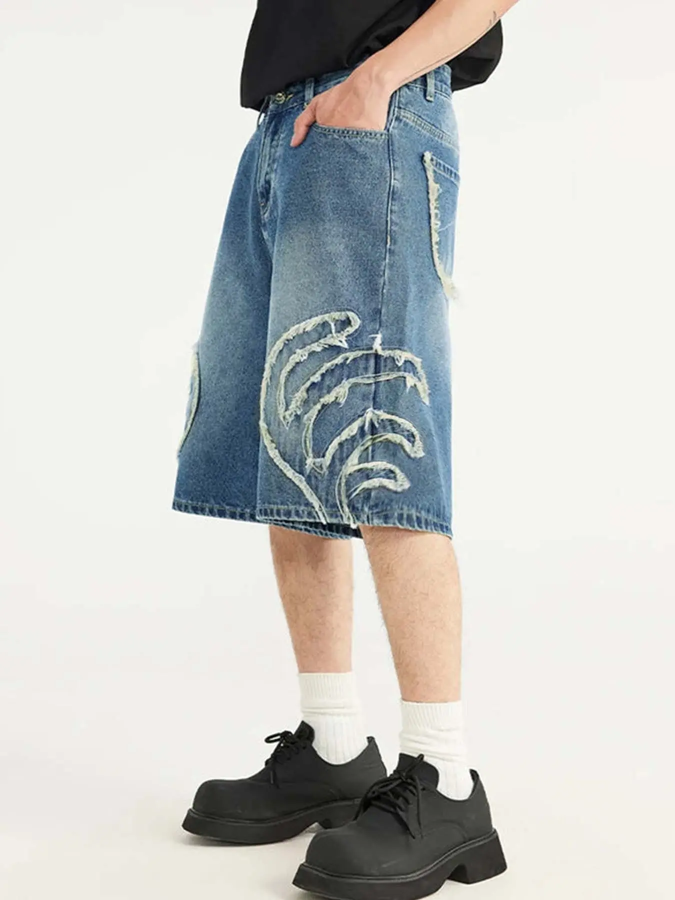 Men’s Ripped Loose Patchwork Denim Jean Shorts Pocket, Summer Casual Streetwear Street Style Jorts, Trendy Fashion for Men, Perfect for Daily Wear & Outdoors, Relaxed Fit, Menswear