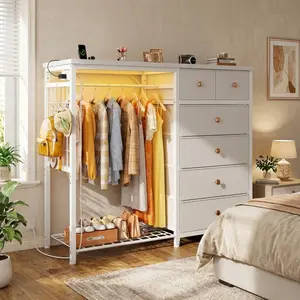 Garvee Dresser with Hanging Rack, 6 Drawers Dresser with Charging Station, Wooden Top Organize Unit Featuring LED Lights, Faric Chest of Drawers with Clothes Rack & Open Shelves for Living Room, White