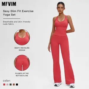 MFVIM Sporty Two-Piece Set Women’s Plain Crop Cami Top & Flare Leg Pants Sports Set, Sporty Casual Comfy Breathable Two-Piece Outfits for Yoga, Gym, Workout, Running, Gym Workout Clothes