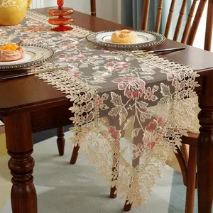 Lace Table Runner, 1 Count Exquisite Embroidery Floral Pattern Tablecloth, Table Decoration Supplies for Home Kitchen Dining Room Wedding Birthday Party