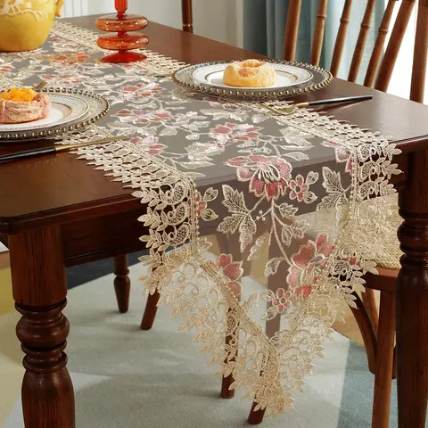 Lace Table Runner, 1 Count Exquisite Embroidery Floral Pattern Tablecloth, Table Decoration Supplies for Home Kitchen Dining Room Dinner Table Wedding Birthday Party